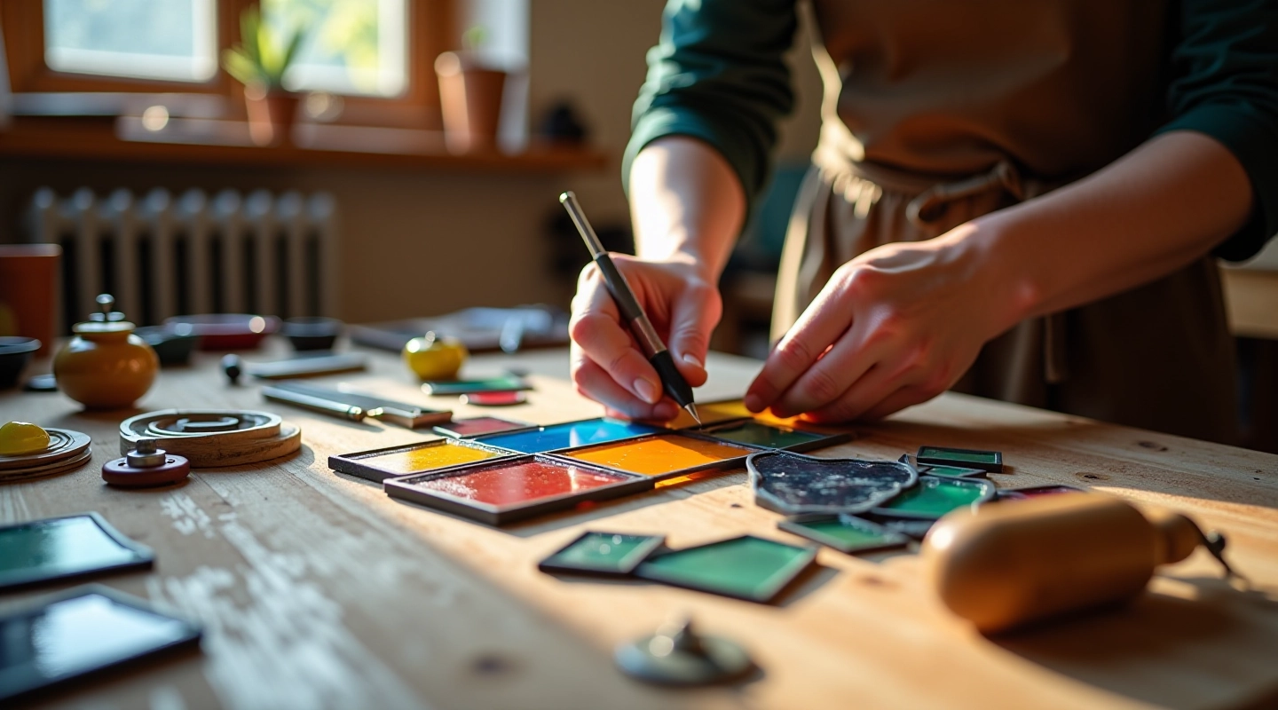 Artisan carefully arranging colorful glass pieces on work table with tools and pattern visible