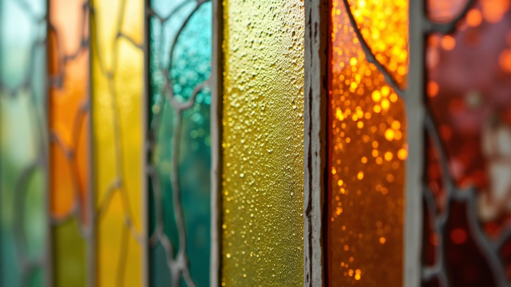 Close-up of different glass textures showing smooth, rippled, and frosted finishes in various colors