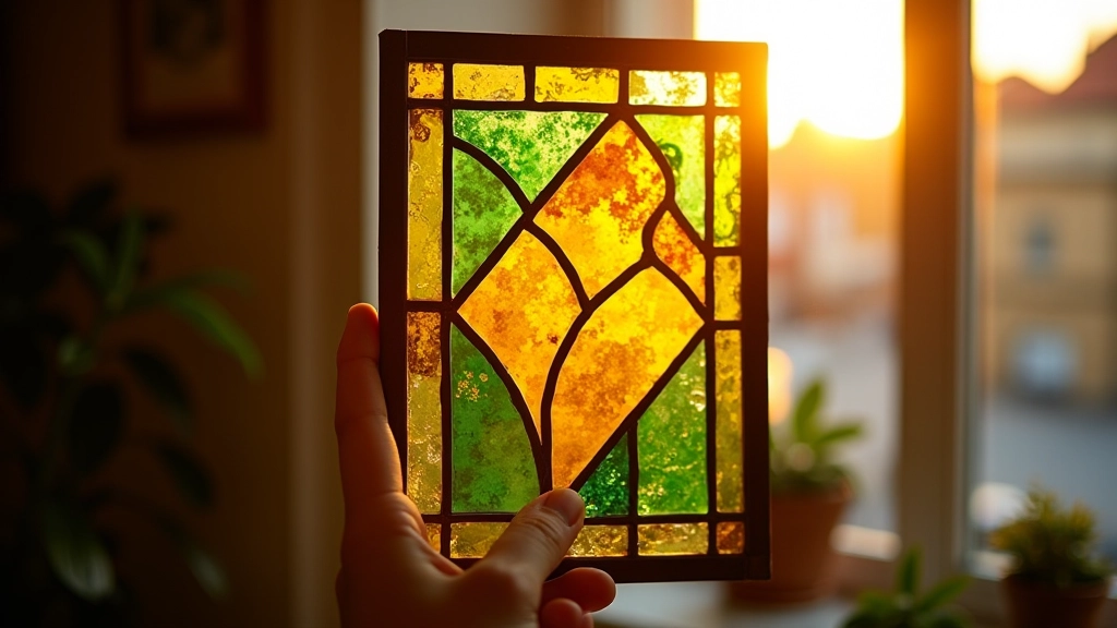 Completed geometric stained glass panel displaying warm colors in natural sunlight
