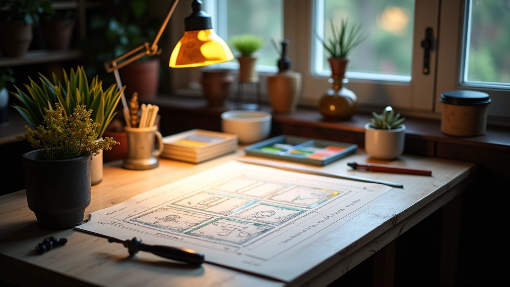 Well-organized home stained glass workspace showing cutting mat, proper lighting, organized tools, and ventilation setup