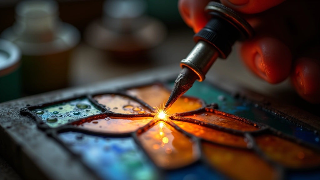 Soldering iron creating bright copper seam on stained glass panel with flux container nearby